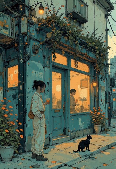A cozy and charming storefront covered in lush green ivy and vibrant plants. The green brick exterior is almost completely draped in creeping ivy, with bright green leaves that cast intricate shadows under the warm sunlight. Small clusters of red and white flowers bloom in a pot near the bottom right corner, adding a touch of color to the scene. The central green door has a glass panel that reveals the warmly lit interior filled with shelves of bread and bottles. To the left, a small window displays neatly arranged baked goods and wine, giving a rustic and welcoming feel.
Above the door, a black iron lantern casts a soft, warm glow, while the wall is adorned with small chalkboard menus and framed decorations that add character to the shop. The cobblestone pavement in front of the store is partially shaded by the ivy and tree branches, creating a serene and inviting atmosphere.
Standing in front of the door is a young girl with blunt-cut bangs and a casual summer outfit. She sips on an iced coffee from a transparent cup with a straw, her relaxed demeanor complementing the tranquil setting. Beside her, a sleek black cat sits lazily on the cobblestones, its tail curling slightly as it gazes into the distance. The entire scene exudes warmth, charm, and a peaceful harmony between nature and urban life.
<lora:Anime v1.3:1.2> <lora:Blue_Future:0.9> <lora:Ethereal_Brush_Anime_v1.0:0.6> <lora:It's a LoRA for portraits, BUT! actually specialized in backgrounds. v1.0:0.2>