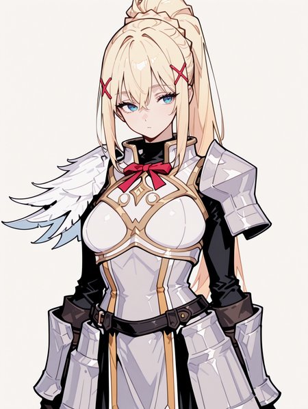 perfect quality,high quality,masterpiece,best quality,amazing quality,very aesthetic,absurdres,newest,
front view,full_shot,
DustinessCYQL,1girl,solo,blonde hair,long hair,ponytail,braid,hair between eyes,blue eyes,hair ornament,x hair ornament,armor,armored dress,shoulder armor,gloves,black gloves,breasts,dress,breastplate,
full body,standing,waving,,
lightgray background,simple background,
<lora:NoctFlatStyleIllustrious:1>,abstract,flat color,muted color,<lora:745cmSDXLvpred75S:0.6>,748cmstyle,<lora:wl-illV1:0.8>,<lora:lora-000004.by_tusi:1>,