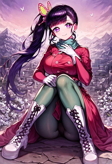 gorgeous lips, cinematic, (masterpiece), (best quality), (ultra-detailed), very aesthetic, perfect composition, intricate details, absurdres, detailed face, (anime, masterpiece, intricate:1.3), (best quality, hires textures, high detail:1.2), score_9, score_8_up, score_7_up, source_anime, 1girl, kanao tsuyuri, black hair, pink highlights, butterfly, butterfly hair ornament, purple eyes, long hair, side ponytail, ponytail, eyelashes, hair ornament, scarf, dress, red dress, long sleeves, buttons, gloves, white gloves, belt, pantyhose, green pantyhose, laced heel boots, white footwear, skirt, flower patterns, alternate_costume, enormous breasts, facial expression, kind, soft eyes, head tilt, slightly smiling, closed mouth, hand on breasts, goddess, building size, giantess, growing even bigger, sitting on the city floor, hugging knees, gradient eyes, beautiful detailed eyes, city background, mountain landscape, city, mountain, building, skyscrapers, in the middle of the city, (masterpiece:1.4), (best quality:1.4), (ultra-detailed:1.2), gl0w, glow,