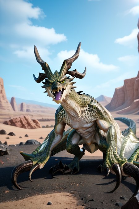 source_furry, score_9, score_8_up, score_7_up, (wyvern_xv, wyvern, feral), scalie, green scales, detailed scales, horns, yellow eyes, detailed eyes, claws, tail, winged arms, <lora:FF_Wyvern08:0.8>, outdoors, desert, on ground, look at viewer, looking angry, zPDXL2, zPDXLpg, zPDXLrl, shaded, best quality, highly detailed, extreme detail, photorealistic