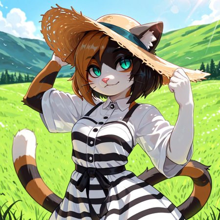 masterpiece, best quality, newest, absurdres, highres, furry, perfect anatomy, K4w4,1girl,solo,furry,furry female,cat girl,short hair,multicolored hair,cat ears,aqua eyes,slit pupils,snout,animal nose,whiskers,body fur,two-tone fur,cat tail,striped tail, hills, grass, sunny, windy, striped dress, black and white dress, straw hat, tan straw hat, sunshine, beautiful,
