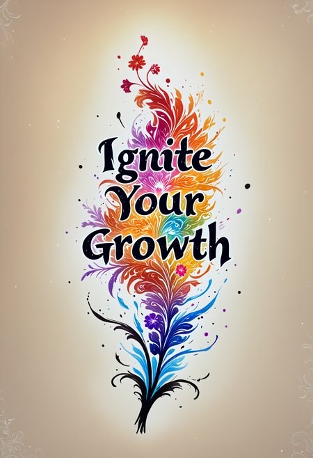 big long brushstrokes of deep black sumi-e turning into symbolic painting of text "Ignite Your Growth" engraved into it, onfire, flower style. master level raw art. best quality, high resolution,  shiny, intricate, elegant, highly detailed, sharp focus, clear, beautiful, cinematic, breathtaking, attractive, divine, thought, perfect, colorful, epic, coherent, color, light, fine detail, pretty, focused, amazing, magic, pure, shining, flowing, great, full