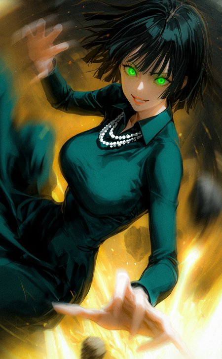 realistic textured (painterly:1.2) (sketch:1.2), 
(sideways:1.3),
(by lch, by tatsumi \(psmhbpiuczn\):1.15), (by narue:1.3), cinematic, nose, lips, 
1girl, fubuki \(one-punch man\), solo, green eyes, dress, breasts, black hair, short hair, looking at viewer, large breasts, collared dress, bangs, black dress, long sleeves, telekinesis, green dress, closed mouth, rock, (light particles:1.3), green embers, foreshortening, open hand, grin, crazy eyes,  hand focus, (motion blur:1.5), (earthquake:1.2),  glowing eyes, glowing theme, dark background, zero gravity,  floating hair, floating jewelry,
very awa, best quality, highres, masterpiece,
<lora:nhl-002-nai:0.8>, nhl-002, <lora:nhl-001-20:0.6> , nhl-001,
