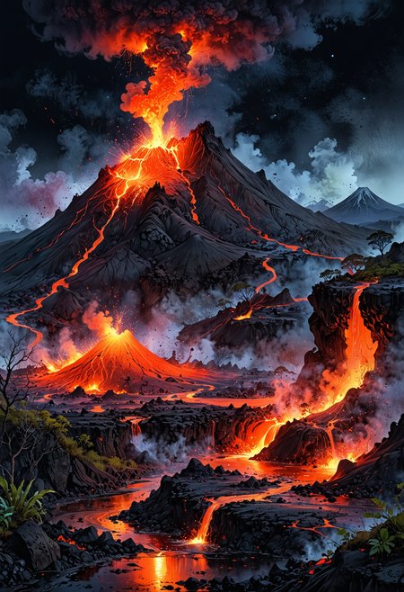 mystical land, watercolor, magical, dreams, fantasy, double exposure, tiny details,extremely detailed, volcano eruption, flowing lava, midnight, full moon, Vibration colors, 4K, main motif in the picture on the right    <lora:EpicF4nta5yXL:0.8>