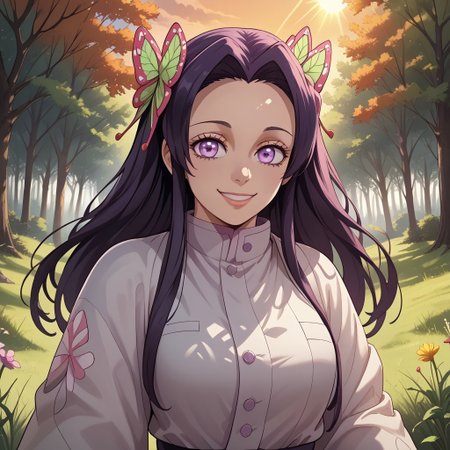 score_9, score_8, BREAK, solo, Kanae Kocho, long dark hair, violet eyes, busty, beautiful, haori, sexy pose, self portrait, smile, outdoors, sunlight, shadows, evening lighting, natural lighting, forest, trees, grass, orange sky, sunset