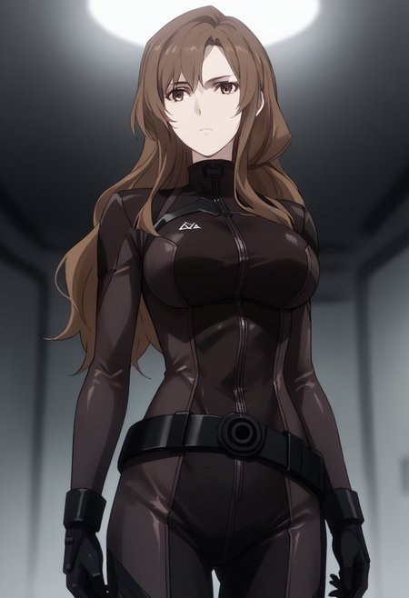 score_9, score_8_up, score_7_up, score_6_up, score_5_up, score_4_up, source_anime, solo, 1girl, 
Moeka rounders outfit | Brown hair, long hair, brown eyes, bodysuit, belt, large breasts, black gloves, 
masterpiece, best quality, very aesthetic, absurdres,