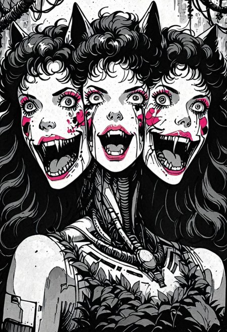 score_9, 1girl, solo, Barbie, xenotr1p, monochrome, selective pink color, knva, halftone effect, retro artstyle, jungle girl, barbarian, face paint, tattoos, long curly hair, (pink lips, pink eyeshadow), cowboy shot, creepy smile, horror, blood, selective red colour, neon, Patrick Nagel style, crazy eyes, cyberpunk, Cerberus, three heads,