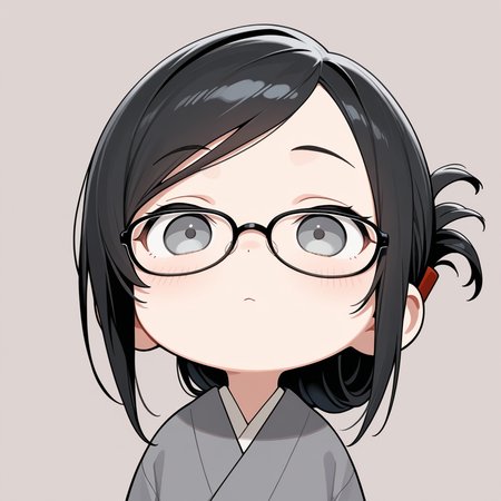 masterpiece,best quality,amazing quality, 1girl, chibi only, black hair, folded ponytail, swept bangs, glasses, gray eyes, simple background