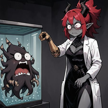 masterpiece, best quality, newest, absurdres, highres, 1girl, SOPHV2.0, demon girl, grey skin, colored skin, glasses, round eyewear, prosthetic arm, prosthesis, lab coat, dress, black dress, open coat, red hair, horns, black horns,