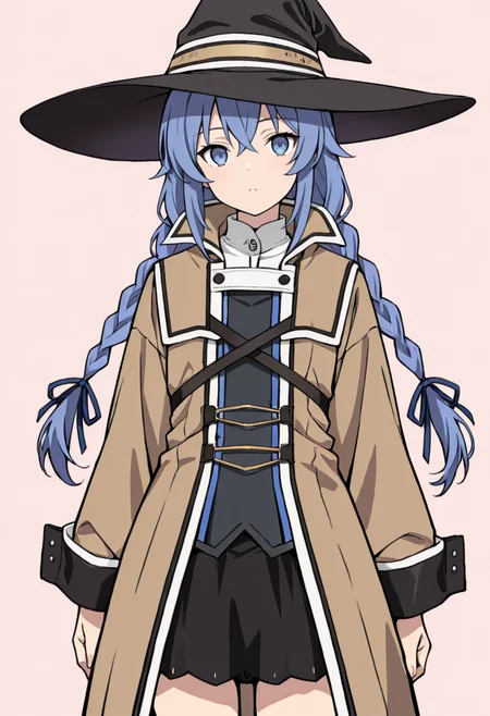 masterpiece, best quality,
1girl, solo, cowboy shot,
standing,
looking at viewer,
<lora:Roxy_Migurdia:1> r0x1m1g0rd14, blue hair, long hair, twin braids, blue eyes, hair ribbon, hair between eyes, 
witch hat, long sleeves, black skirt, coat, 
simple background, pink background,