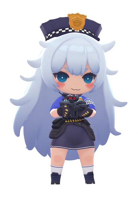best hands, <lora:mn_poli_IL1.4:0.9> 
mn_poli, official art, 1girl, chibi, white very long Messy Hair, aqua eyes, :3, standing, uniform, blush, smile, blue eyes, blue shirt, holding assault rifle, armband, police uniform, policewoman, bulletproof vest, walkie-talkie, pencil skirt, black gloves, white socks, Footwear, Bullet Belt, Policeman's hat
BREAK Virtual Space