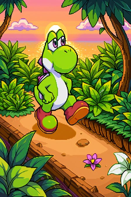 highres, high resolution, good quality, high quality,score_9, score_8, good anatomy, score_8_up, score_7_up, ((tetris attack style:1, pixel art:1, thick outlines:1, bold outlines:1)),  solo, no humans,, full body, male focus,1boy, yoshi, dynamic angle, yoshi from super mario, nature, trees, rocks, lake, flowers, sunset, standing, walking, serious, explorer hat, bushes, ((jungle, dense jungle))