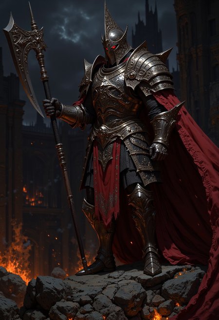 a medieval knight in full armor. The style is dark and dramatic, with a focus on the intricate details of the armor, which is metallic and reflective, showing signs of wear and battle. The knight is positioned dynamically, holding a large double axe in a combat-ready stance. The armor includes a helmet with a visor, obscuring the face, glowing red eyes, and chainmail visible at the joints. The background is a dark, smoky environment with glowing embers and sparks, enhancing the intense and action-oriented atmosphere. The color palette is dominated by dark grays and blacks, with highlights of red from a tattered cape flowing behind the knight. <lora:FluxMythP0rtr4itStyle:0.6> <lora:flux.1_lora_flyway_Epic-Characters_v1:0.6> <lora:Elden_Ring_-_Yoshitaka_Amano:0.33>
