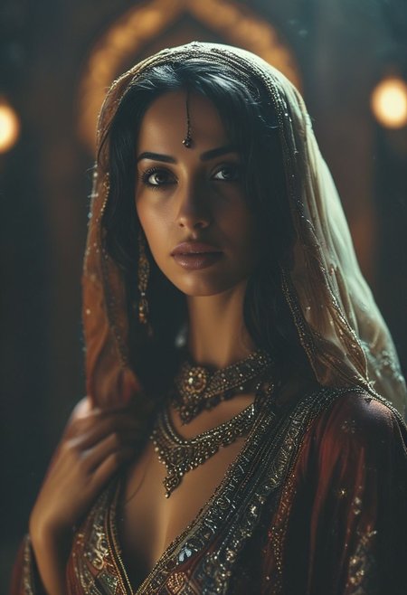 medium shot, dark photo, a evocative medium shot of a beautiful arabian woman