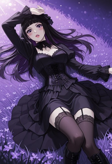 masterpiece, best quality,
Nakahara sunako,  long hair, black hair, pale skin, pink lips, violet eyes, mysterious expression, soft features. gothic dress, black stockings, corset, lace details, dark aesthetics, high boots, gothic accessories, mysterious appearance, dark chic,
looking_at_viewer, 1girl, masterpiece, best quality, bokeh, luminescent background,girl, solo, arm up, blush, looking at viewer, lying, on back, parted lips, grass, sunlight,