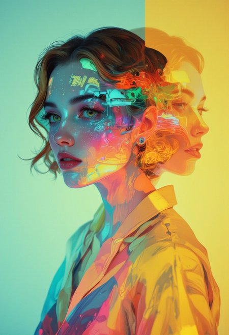 A striking multiple exposure portrait combines three precisely aligned frames of a blonde woman turning her head, captured on expired Kodak Ektachrome. The deliberate color shift from the aged film stock creates unexpected pastel tones in her hair, while cross-processing introduces intense contrast in the highlights. Strategic use of colored gels on strobe lights during each exposure adds distinct chromatic layers - cyan, magenta, and yellow - that separate each motion phase while maintaining a cohesive composition. The final image shows intentional light leaks and chemical staining that frame the movement sequence pscho_4rt, surreal, abstract, glitch, aidmafluxpro1.1, Anime art