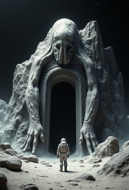 photograph of giant lovecraft chtulhu statue carved in mountain with a door at its feet,
(front centered wide shot, huge gate, big size difference, on a moon planet, rear view of man in space suit standing:1.2),
black dark blank space background, hard lighting