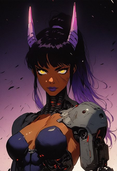 Elegant, score_9, score_8_up, score_7_up, extreme detail, extreme quality, extremely detailed anatomy, volumetric lighting, cinematic lighting, dynamic sexy pose, dynamic angle, dynamic framing, 1girl, muscular, toned, tough, scars, ((28YO:1.5)), cyborg, cyberwear, young adult, purple lipstick, seductive look, looking at viewer, (dark skin:2.0), glowing big clear yellow eyes, demon horns, medium breasts, perfect round breasts,, (black hair, purple hair, gradient hair:1.5), (bouncy ponytail hairstyle), toned body, petite frame, (skindentation:0.8), fortified suit, imperial purple, Cyberpunk, knva, her body is embedded with mechanical implants under the skin, cyberware lines embedded in her face