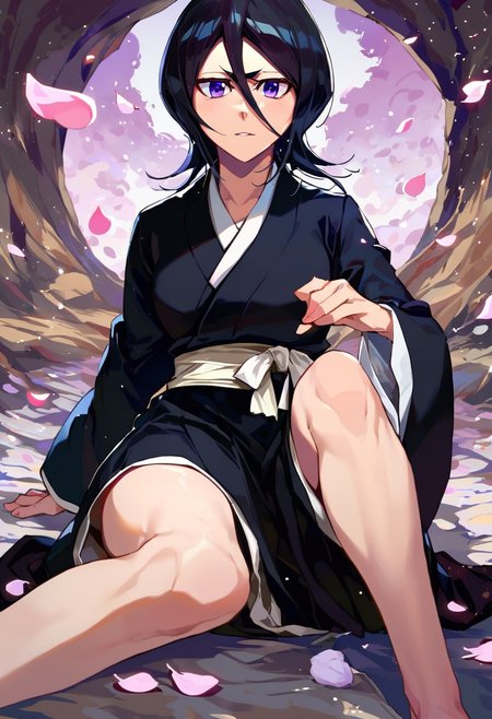 score_9, score_8_up, score_7_up, score_9,  BREAK   <lora:rukia:1> rukiaSDXL, 1girl, solo, looking at viewer, short hair, black hair, long sleeves, hair between eyes, purple eyes, japanese clothes,white ribbon, wide sleeves, kimono,  petals,  black kimono, kuchiki rukia, sitting, nip slip,