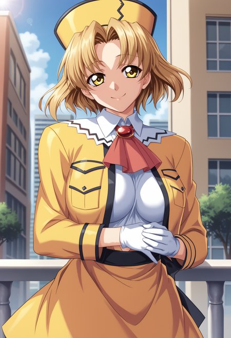 score_9, score_8_up, score_7_up, BREAK <lora:KuraruSada:1> ,sanadak,1girl,short hair,yellow eyes,blonde hair,large breasts,floating hair,sad smile,white gloves,yellow hat,yellow skirt,white collar, long sleeves,red ascot,white shirt, yellow jacket,red brooch,black belt,outdoors,city,day,looking at viewer,cowboy shot
