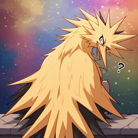 ((vibrant, detailed, detailed background, amazing quality, colorful, masterpiece, 8k, rtx)), beutiful background, BREAK 
<lora:zapdos-illus-14:1> pzapb, pokemon \(creature\), bird, 1other, sitting, from behind, looking back, ?, head tilt