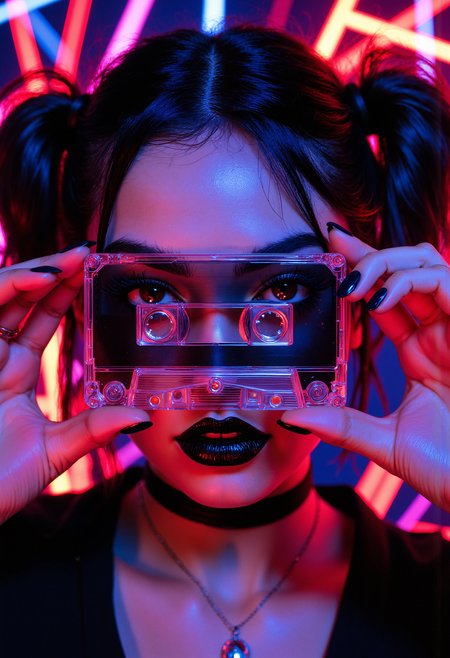 A close-up of a woman holding a transparent cassette tape in front of her face. The cassette is positioned perfectly in the center, directly in front of her eyes, obscuring her facial features. Her nails are painted dark blue, and she is gripping the edges of the cassette with both hands. The woman's lips are painted dark, and she is wearing a black choker with a silver ring in the center. Her hair is styled into short black pigtails, with some strands falling over her forehead. The lighting is vibrant and neon, casting shades of red, blue, and purple across her face, hands, and the cassette tape. The background is a mix of abstract neon lights, featuring bold and glowing red and blue lines, creating a dynamic, futuristic atmosphere.   <lora:FluxMythP0rtr4itStyle:0.8> MythP0rt, <lora:aidmaMJ6.1-FLUX-V0.2:0.6> aidmaMJ6.1, <lora:sxz-Dark-Fantasy-v2-Flux:0.66> drkfnts style,