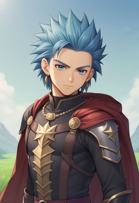 score_9, score_8_up, score_7_up, source_anime, highly detailed, 1boy, solo, male_focus, half body, skinny,
erik, 1boy, blue hair, male focus, solo, blue eyes, gloves, armor, jewelry, earrings,fingerless gloves, spiked hair, shoulder armor, black gloves, black clothes, red cape, short cape.
outdoor,