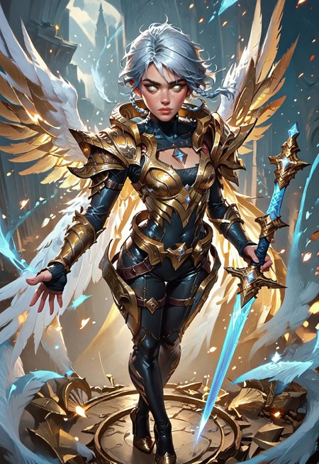 ((zPDXL3)), ((masterpiece,best quality, highly detailed)), ((score_9)), score_8_up, score_7_up, score_6_up, score_5_up, score_4_up, Digital painting style, brushstrokes, ((EnhanceImage)), solo, 1girl, DBRiven, silver hair, golden armor, black bodysuit, bodysuit, golden shoulder armor, sidebraid, silver eyes, cleavage, short hair, gold shoes, heels, wings, angel wings, blue hand, sword, Expressiveh, tanned-skin, 30yo, adult lustful confident woman, petite, slender body, perky saggy natural breasts, full lips, bangs, sidelocks, straps,
chinese magical sorceress, animated, swirling magic, wisps of magic, dancing pose, tight squeezed outfit, magical accessories, evoking motion, conveying motion, dynamic splash art, 
<lora:PainterlyFantasiaPDXL:0.6>,