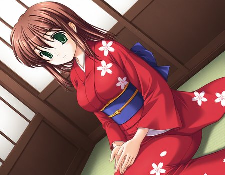 general,highres, ultra-detailed,very aesthetic,best quality ,best hands,  BREAK <lora:Yotsutani_Asako_IS:1>YotsutaniAsako, 1girl,solo, brown hair, green eyes, large breasts, long hair,
1girl, solo, japanese clothes, kimono, sitting, long sleeves, red kimono, sash, obi, dutch angleã