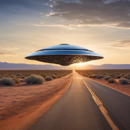 UFO floating above a lonely road in the adobe desert, made of cd's, shiny metal ufo, realistic desert, rock, shrubs, vanishing point, sunset, a lone house in the distance