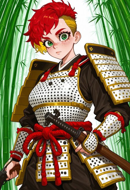 Pst,
1girl, solo, short hair,red hair, blonde hair, undercut,multicolored hair, frilled white armor, polka dot armor, green eyes, big eyes:1.2, freckles:2.0,
medium breasts,atlethic body, 
samurai, commando armor, gun, leather armor, dark clothed armor ,epic colors, ropes,
bamboo forest,bamboos, green bambo leaves,
 ,solo