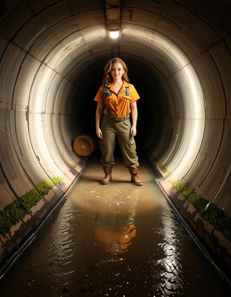 A young woman, April O'Neil, stands confidently in front of a large, circular sewer pipe,L4rg3 s3w3r p1p3. She has vibrant red, shoulder-length wavy hair and wears her iconic bright yellow jumpsuit with utility-style details, such as rolled-up sleeves and visible pockets. A brown utility belt is fastened around her waist. She holds a microphone or a small camera in one hand, highlighting her role as a journalist. Her expression is determined and slightly smiling, radiating courage and curiosity.
The sewer pipe behind her is massive and weathered, with green moss and moisture stains around its edges. The interior of the pipe is dark and shadowy, while the exterior is illuminated by soft natural light. There is a small puddle of water or wet ground in front of the pipe, reflecting faint light.
The background features an urban, industrial setting with worn brickwork surrounding the sewer opening, showing signs of age and decay. Small wild plants and grass grow around the base, adding a touch of nature to the scene.
The lighting is soft and dramatic, with natural sunlight streaming in and casting gentle reflections on the ground and inside the pipe. The image is styled as a semi-realistic illustration with vivid, bright colors for April O'Neil, contrasting with the muted, earthy tones of the background. The overall mood is adventurous and cinematic.<lora:SDXLFaeTastic2400:0.4> <lora:extremely_detailed:0.4> extremely detailed, <lora:L4rg3_s3w3r_p1p3:1>, Masterpiece,best quality,hi res,8k,hi res,8k,award winning,(sharp focus, intricate, highly detailed),
