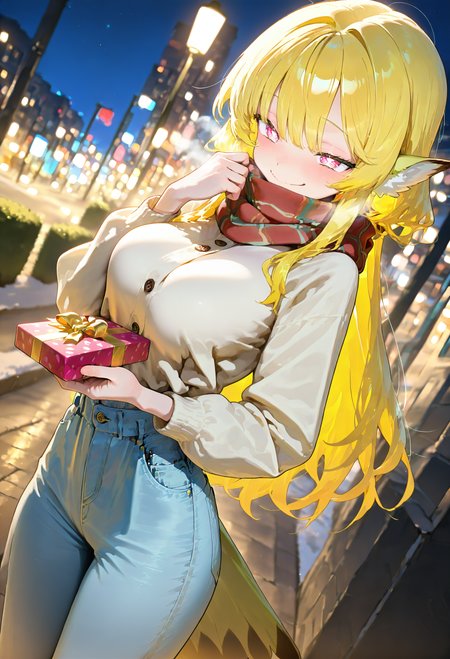 masterpiece, best quality, amazing quality, very aesthetic, absurdres, newest, 1girl, solo girl, incomming gift, (gift box), <lora:add-detail-xl:0.8><lora:illustrious_noobai_epsilon_pred_1_best_quality_v1:0.8>  <lora:illustrious_noobai_epsilon_pred_1_masterpieces_v1:0.8> outside, snowy weather, warm pants, warm jacket, scarf, mouth is covered by scarf, blush, dutch angle, half closed eyes, 
BREAK <lora:Lucita_Yellow_Illustrious:1> Lucita Yellow,  long yellow hair, bangs, animal ears, tail, pink eyes, square shaped pupils, closed mouth, smiling, ((adult)) medium breasts, 
masterpiece, best quality, amazing quality, very aesthetic, absurdres, newest