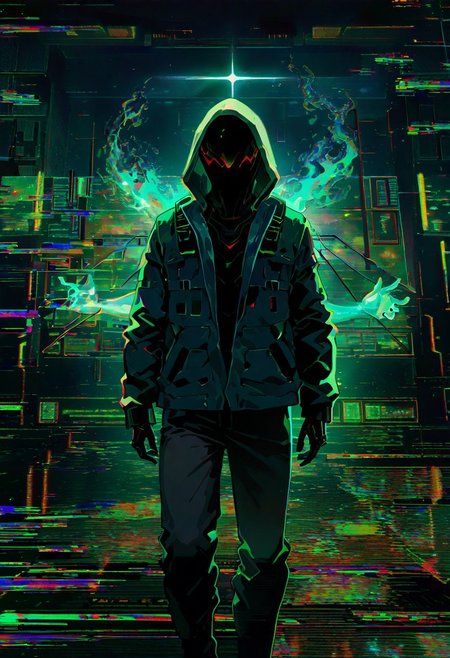 1 hologram spirit, ambiguous gender, jacket, hood, hidden face, glitch, floating, solo, screens, (cyberpunk0.8), futuristic, sci-fi,
masterpiece, best quality, amazing quality, very aesthetic, absurdres,  newest,