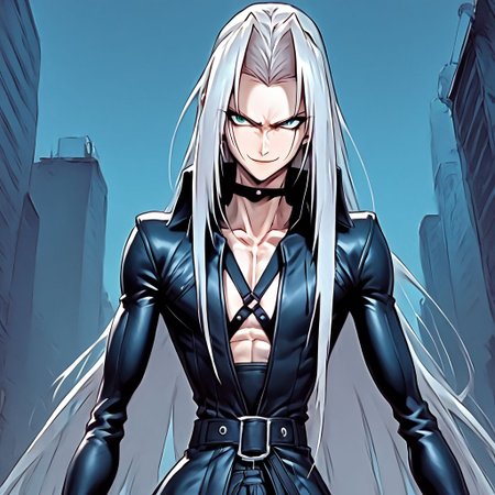 score_9, score_8_up, score_7_up, flightless detailed closeup action shot, from above, Sephiroth leaping through the air swinging very long sword in a wide overhead arc, smug expression, dynamic pose, exaggerated perspective emphasizing action, in an industrial city at night, dim street lighting, solo, beautiful, androgynous, flat chest, leather straps, broad shouldered, leather coat, high contrast, industrial cityscape background,