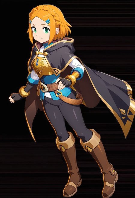 masterpiece, best quality, amazing quality, very aesthetic, absurdres, newest,shiny skin,, anime screenshot,  anime coloring, xdive, short hair, crown braid, sidelocks, parted bangs, hairclip, outfit_1, blue crop top, gold trim, white undershirt, breastplate, layered sleeves, brown sash, black gloves, fingerless gloves, black pants, knee boots, brown footwear, black cape, hooded cape,, Hand on waist, smile, full body, Black background, sexy pose,