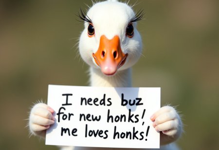 Cute white goose, looking at the viewer, big pleading adorable eyes, long eyelashes, holding a card that reads "I needs buzz for new honks!. me loves honks!" in clumsy handwritten letters