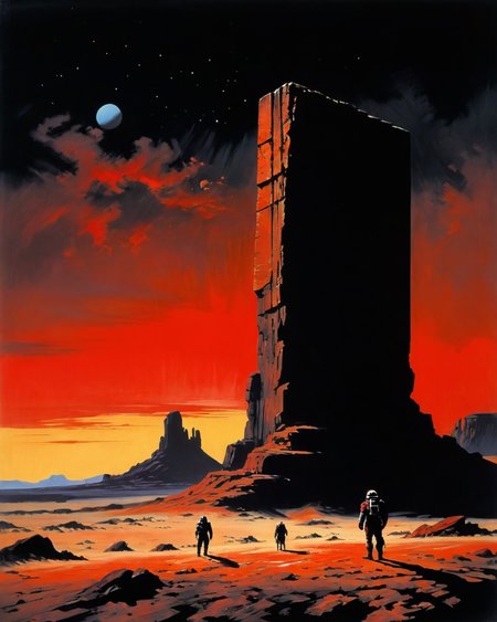 Monolith, 2001 space odyssey, desert, Frank Frazetta style,  scarlet, black background, <lora:add-detail-xl:1.0>  <lora:xl_more_art-full_v1:0.5>