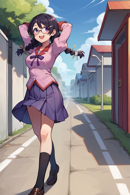 score_9, score_8_up, score_7_up, score_6_up, source_anime, BREAK 1girl, solo  <lora:tsubasa-pdxl-nvwls-v1-000005:1> defTsubasa, black hair, purple eyes, twin braids, hairclip, glasses, school uniform, pink shirt, puffy sleeves, long sleeves, pleated skirt, socks, loafers, medium breasts, walking, road, wide shot, arms behind head, happy, looking up, blue sky