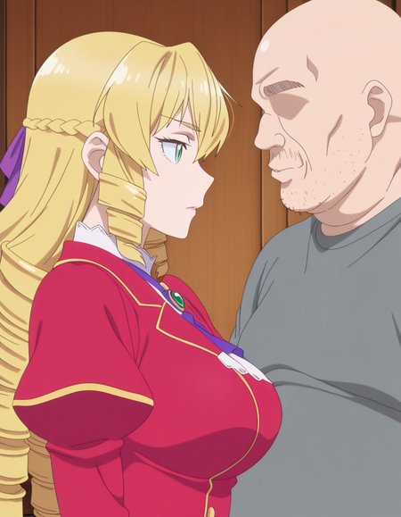 masterpiece, best quality, amazing quality,, <lora:grace-auvergne-s1-illustriousxl-lora-nochekaiser:1>, grace auvergne, long hair, blonde hair, green eyes, drill hair, braid, hair ribbon, purple ribbon, mature female, breasts, anime screencap,, <lora:faceless-ugly-man-illustriousxl-lora-nochekaiser:1>, faceless ugly man, faceless, ugly man, fat, faceless male, fat, bald, mature male,,