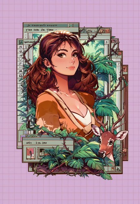score_9, score_8_up, score_8, 1girl, full body shot of a woman next to a deer, smile, breasts, cleavage, a photo of a beautiful woman, brown hair, in a linen pants and white sexy shirt, tailor clothes, hair of medium length, fluttering in the wind, deer, jungle, full body, blush, flowing hair, makeup, earing, outdoors, brown framed, grid background, purple background, ivy, thorns, grass, a jungle forest, leaf, bush, plant, roots, branch, long hair, solo, drawing, retro, vintage, art, style, Astral Grave <lora:Astral Grave:1.2> <lora:Pony_DetailV2.0:1>