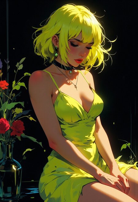 Mh1$AgThS2, intricate linework with expressive contrasts, soft lighting with dynamic highlights, a femme fatale Japanese woman, neon fluorescent yellow shaggy bobbed hair, bangs, earrings, dark eyeshadow, bright crimson lips, choker, seductive, lustful, sultry, large breasts, cleavage, choker, silhouetted, sitting, wearing neon yellow tight dress, professional photography, dark background, directional lighting. Impressionistic, ligne claire outlines for clarity and structure, In the style of ff-td