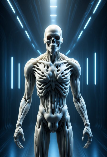 Ultra-detailed cyborg in a spaceship, with anthropomorphic cybernetic skeleton elements on metal armor, neon lights reflections, reflection mapping, intricate design and details, dramatic lighting, hyperrealism, photorealistic, cinematic, 8k --ar 9:16 --v 5