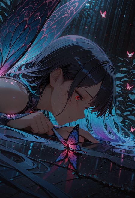 masterpiece, best quality, very aesthetic, absurdres, stylized, newest, depth of field, HDR, high contrast, sharp focus, 8k resolution, digital art, anime style, vibrant colors, photorealistic, smooth gradients, fantasy art style, cinematic lighting, mystical aura, soft shadow, art nouveau inspired, (soft lighting:1.2), (lighting from above:1.2), (scenery), (detailed background design), 
BREAK,
Anime girl, 1girl, solo, Anime girl, lying down, (long dark hair:1.2), (light skin:1.1), (detailed facial features:1.3), (sad expression:1.2), (profile view:1.2), (looking down:1.2), wearing light-colored, detailed clothes, (accessories:1.1), (body type:1.1), vibrant neon blue and purple lighting, (red eyes:1.2), surrounded by many 
small, glowing butterflies, (wings details:1.2)
BREAK
(dark blue environment:1.2), flowers and plants, (detailed background:1.1), vibrant, cool color palette, digital art style, anime style, (lighting effect:1.2), beautiful composition, upper center frame position, photorealistic, intricate, detailed, high detail, 8k resolution, glowing effect, artistic
