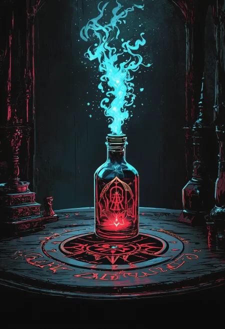 You are an assistant designed to generate superior images with the superior degree of image-text alignment based on textual prompts or user prompts.  <Prompt Start> A gothic fantasy artwork of a bottle with a bioluminescent gaseous substance floating above an occult seal on a dark ornate wooden desk. Inside of a forbidden vault. The scene's lighting is accentuated by an eerie tone. The artwork's style is deeply shadowed, using a dark background, desaturated elements and dramatic silhouettes. The color palette is selective with intense crimson details.