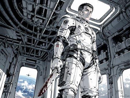 adult man, male focus, brown eyes, black hair, short hair, standing, spaceship corridor, holding knife, looking to the side, white space suit, blood, from below, science fiction, indoors, spacecraft interior, solo,
, <lora:Berserk:0.8>, score_9, score_8_up, score_7_up, zPDXL3, monochrome, greyscale