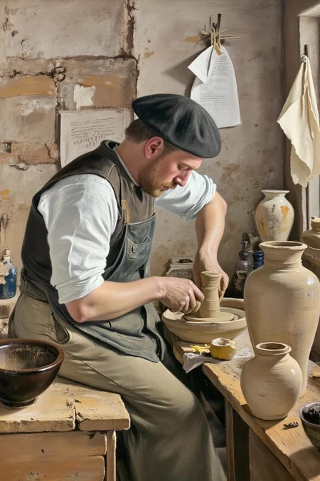 lauritsandersenring1 painting. A man, shown in side profile, works at a pottery wheel, shaping a clay vessel. The space is filled with pottery, bowls, vases, and notes pinned to the wall. The background includes an unfinished wall. <lora:lauritsandersenring1_cap_d8a4e13:1.0><lora:857022707282263863:0>