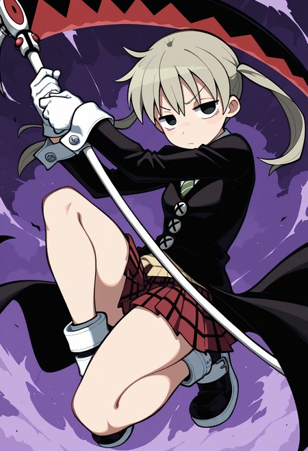 masterpiece,best quality,amazing quality,
1girl, scythe, solo, skirt, twintails, gloves, white gloves, plaid, holding, plaid skirt, red skirt, long sleeves, long hair, holding scythe, grey hair, looking at viewer, necktie, coat, full body, holding weapon, weapon, closed mouth, shoes, pleated skirt, black eyes, black coat, miniskirt,
maka albarn, 
<lora:AverageHanzo_epoch_10:1>