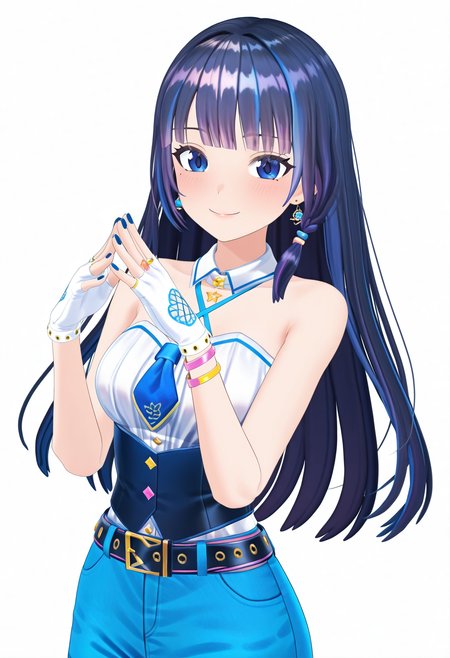 masterpiece, best quality, very aesthetic, absurdres, 1girl, solo,
<lora:fuji_aoi_v01:0.9>, virtual youtuber, aoi_costume4, black hair, long hair, blue eyes,
earrings, detached collar, criss-cross halter, white tank top, strapless, blue necktie, short necktie, bracelet, white gloves, blue nails, belt, denim, blue shorts, smile, light blush, posing, upper body