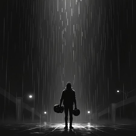 A lone figure standing under the rain, head slightly tilted as if deep in thought. The scene is urban, with a few distant lights barely piercing the darkness. The figure holds a dumbbell in one hand, symbolizing discipline, and a film reel in the other, representing a love for cinema. Above, a glitchy, digital distortion hints at an unseen reality, inspired by Matrix and Dark City. The overall mood is introspective yet determined, a balance between overthinking and focused action. The art style is monochrome pixel art, emphasizing contrast and depth with a noir aesthetic